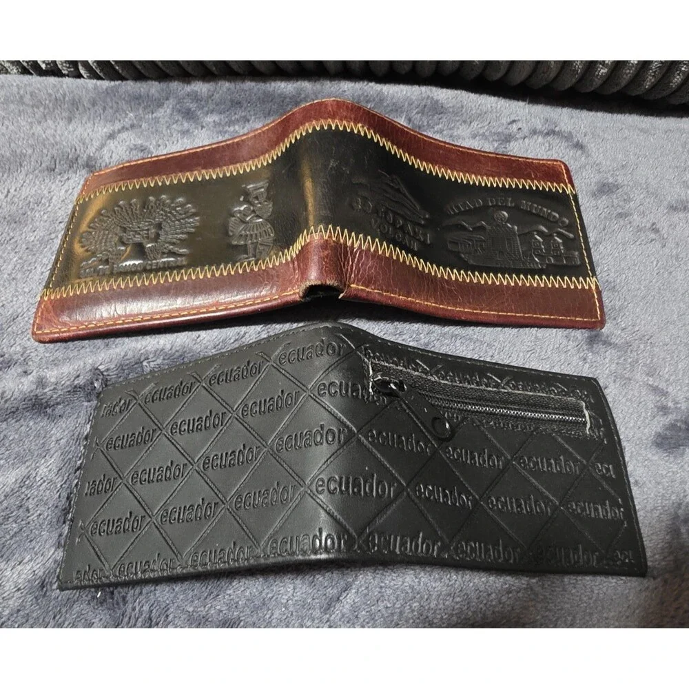 Rare 2pc Cool Ecuador Hand Stitched Tooled Bifold Embossed Leather Wallet EuC